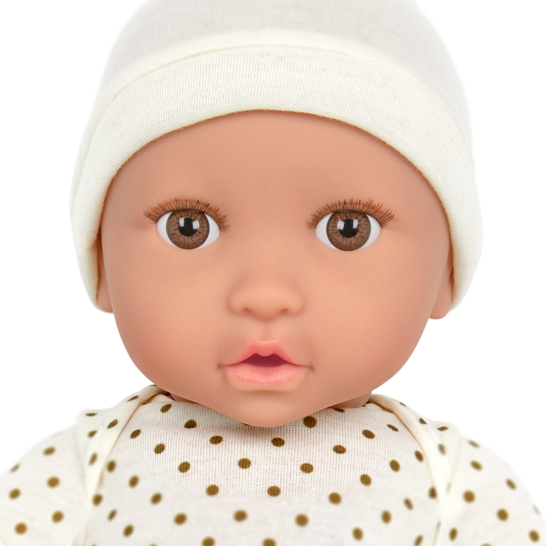 Baby Doll with Ivory Polka Dot Pyjama Set - Baby Hat & Light Brown Dummy - Brown Eyes - Baby Dolls for Kids - LullaBaby UK