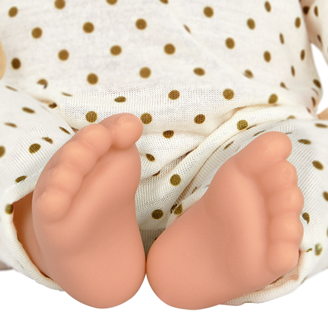 Baby Doll with Ivory Polka Dot Pyjama Set - Baby Hat & Light Brown Dummy - Brown Eyes - Baby Dolls for Kids - LullaBaby UK