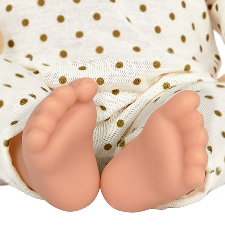 Baby Doll with Ivory Polka Dot Pyjama Set - Baby Hat & Light Brown Dummy - Brown Eyes - Baby Dolls for Kids - LullaBaby UK