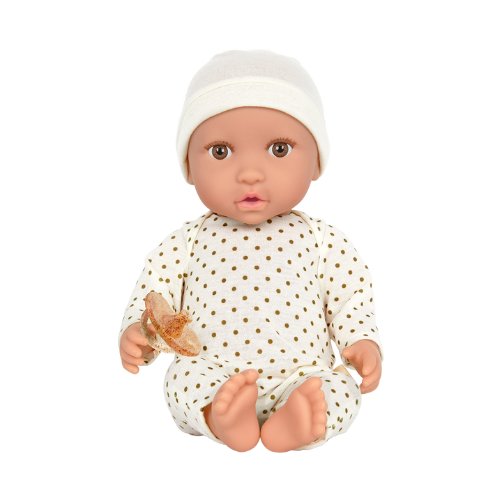 Baby Doll with Ivory Polka Dot Pyjama Set - Baby Hat & Light Brown Dummy - Brown Eyes - Baby Dolls for Kids - LullaBaby UK