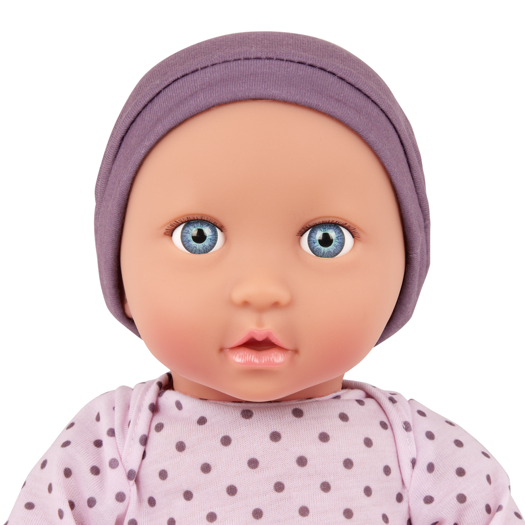 Baby Doll with Lilac Polka Dot Pyjama - Medium Skin Tone & Blue Eyes - Dolls & Gifts for Kids - LullaBaby