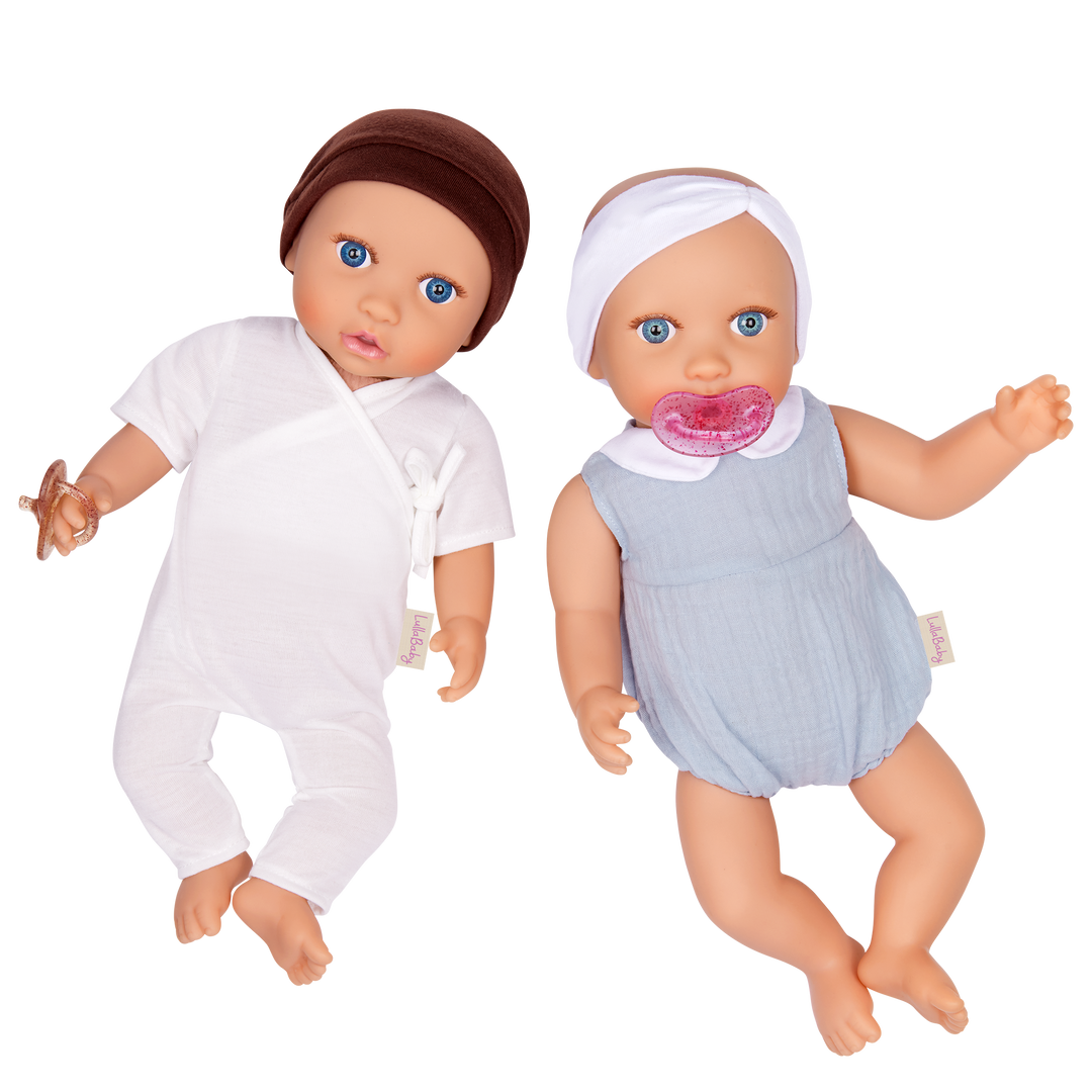 LullaBaby Doll Twins Set - Baby Doll Twins 1 Girl & 1 Boy Doll - Twins with Blue Eyes, Outfits & Dummies - Toys & Gifts for Kids - LullaBaby UK