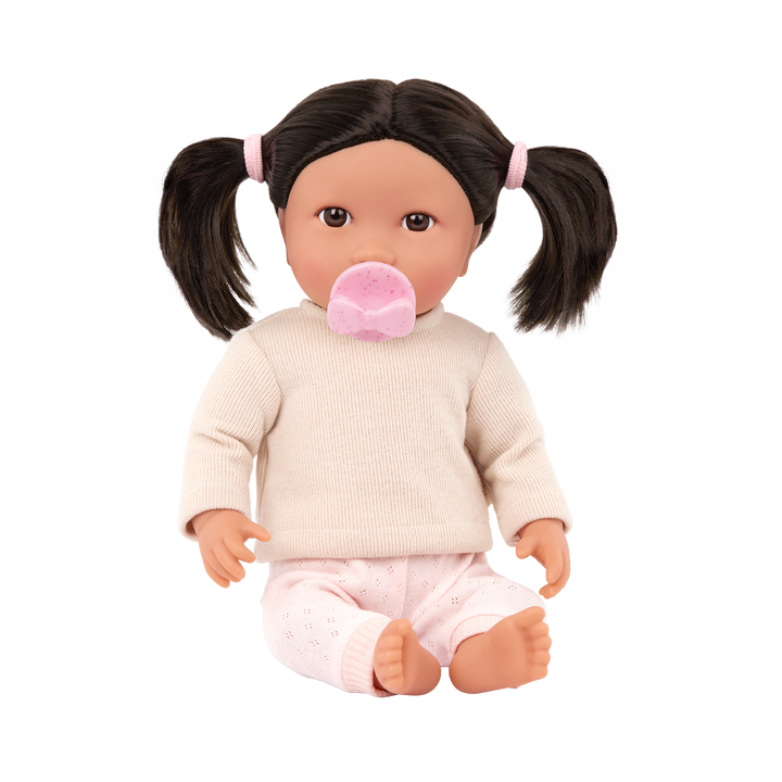Baby Doll with Dark Brown Hair - Baby Doll with Brown Eyes - Pink Dummy & Outfit - Gifts for Toddlers - 2-6 Years - LullaBaby