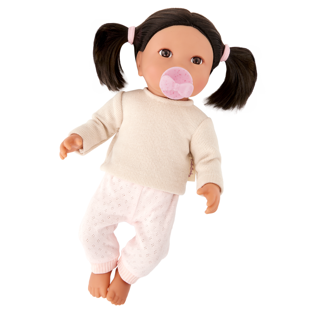 Baby Doll with Dark Brown Hair - Baby Doll with Brown Eyes - Pink Dummy & Outfit - Gifts for Toddlers - 2-6 Years - LullaBaby