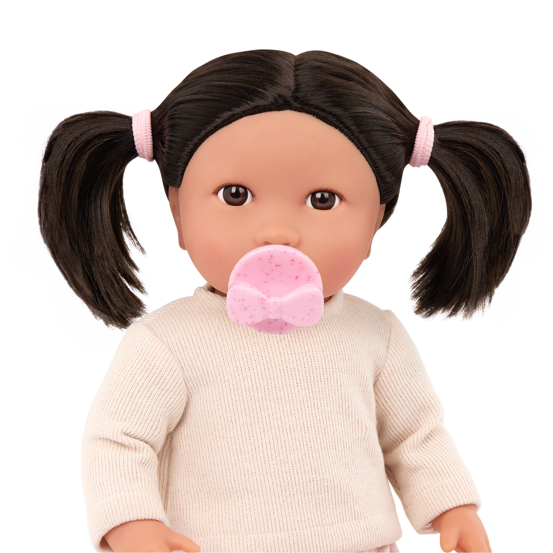 Baby Doll with Dark Brown Hair - Baby Doll with Brown Eyes - Pink Dummy & Outfit - Gifts for Toddlers - 2-6 Years - LullaBaby