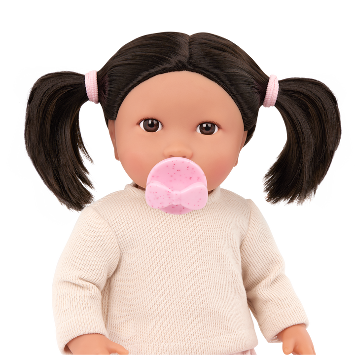 Baby Doll with Dark Brown Hair - Baby Doll with Brown Eyes - Pink Dummy & Outfit - Gifts for Toddlers - 2-6 Years - LullaBaby