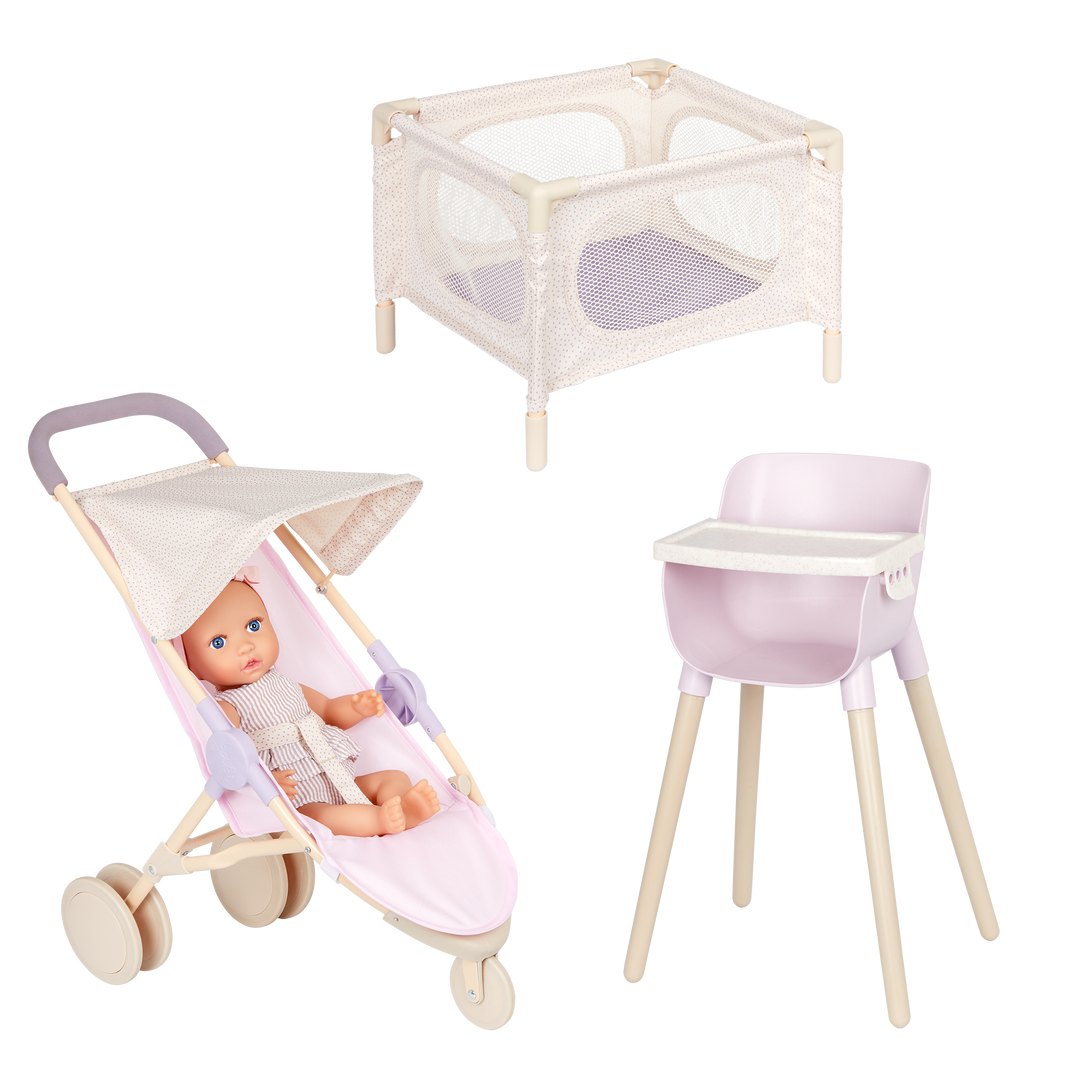 Baby Doll Nursery Playset with Doll - Nursery Set with Jogger Pram, Playpen & Highchair - White & Lavender - 36cm Baby Doll with Blue Eyes - Toys & Gifts for Kids - Ages 2 Years + - LullaBaby Dolls