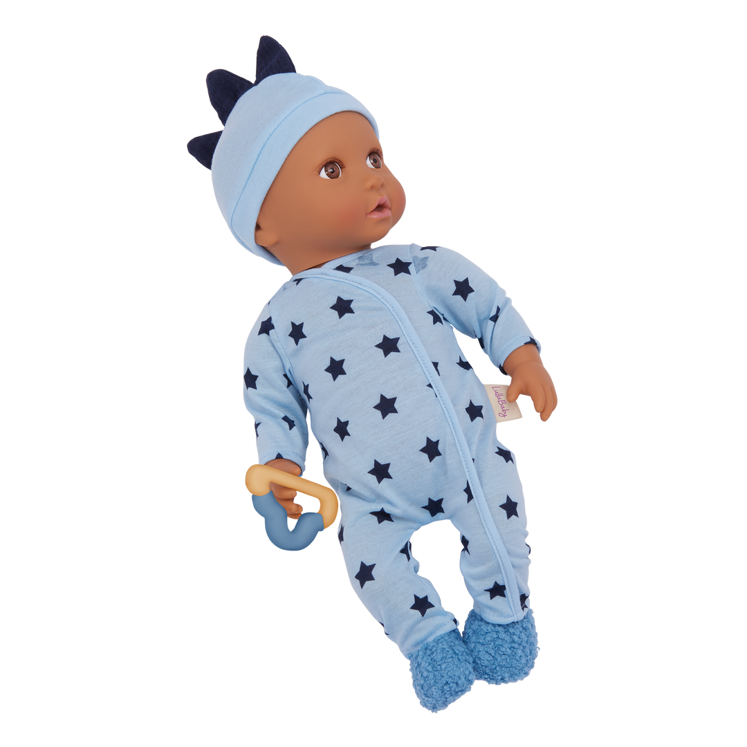 Baby Boy Doll Pyjama Outfit - Blue Start Onesie, Hair, Slippers & Teether - Outfit for Boy Baby Doll - LullaBaby