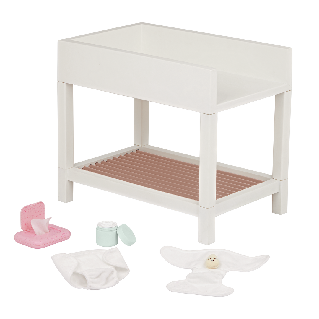 Baby Doll Changing Table - Accessories for Baby Doll - White Changing Table with Accessories - LullaBaby Dolls UK