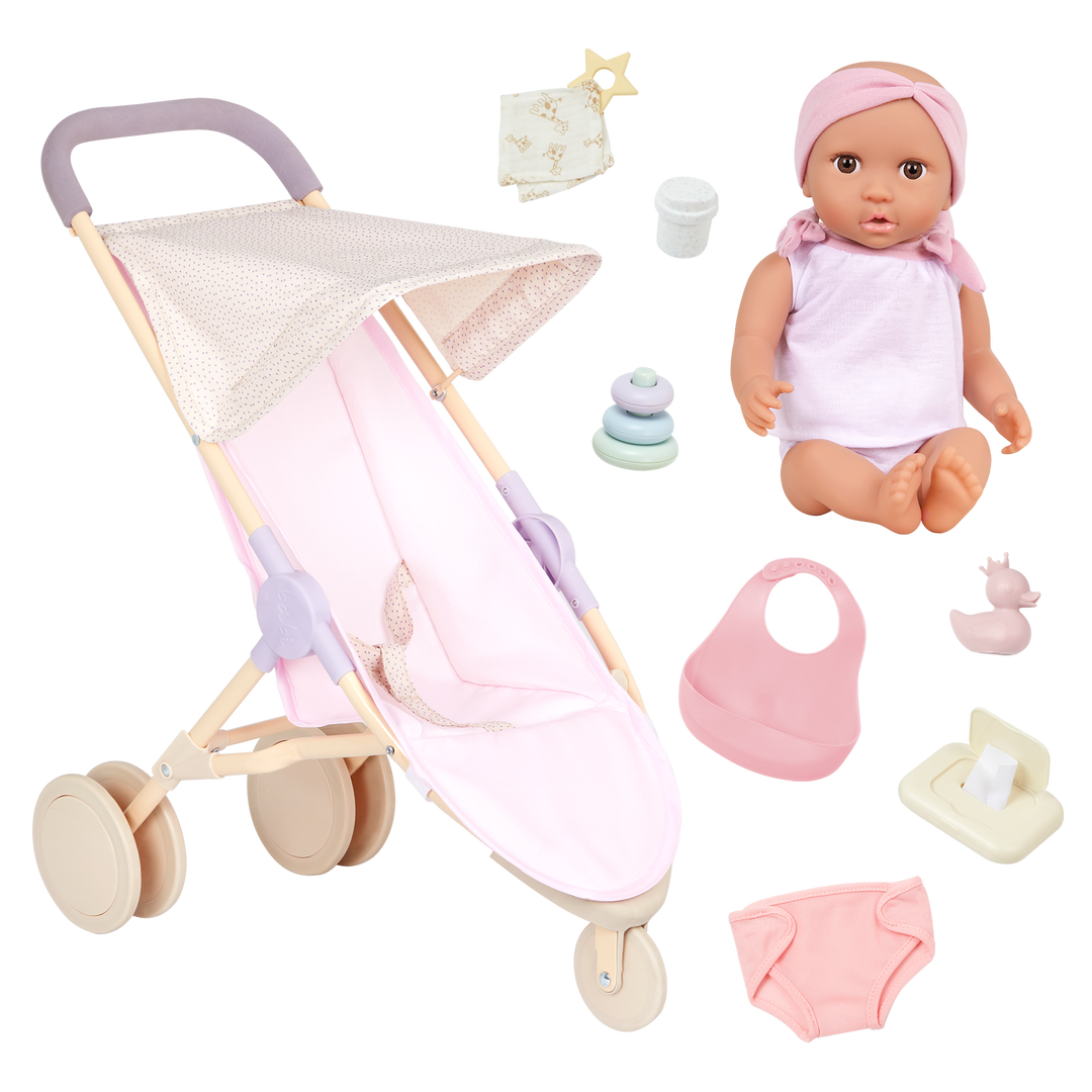 Baby Doll & Pram Set - 36cm Baby Doll with Lavender Jogger Pram & Play Accessories - Gifts for Toddlers Ages 2 Years + - Baby Doll & Accessories - LullaBaby