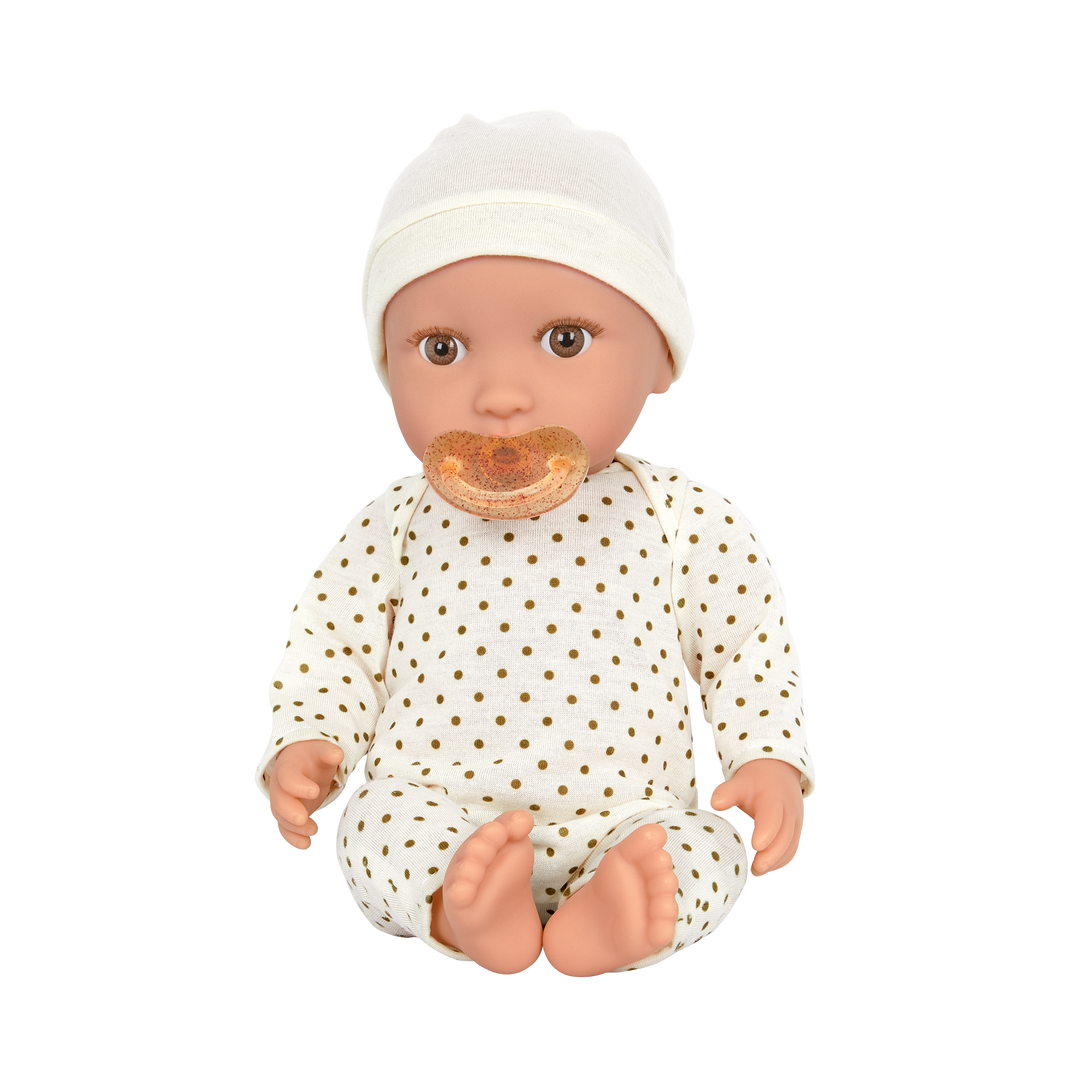 Baby Doll with Ivory Polka Dot Pyjama Set - Baby Hat & Light Brown Dummy - Brown Eyes - Baby Dolls for Kids - LullaBaby UK