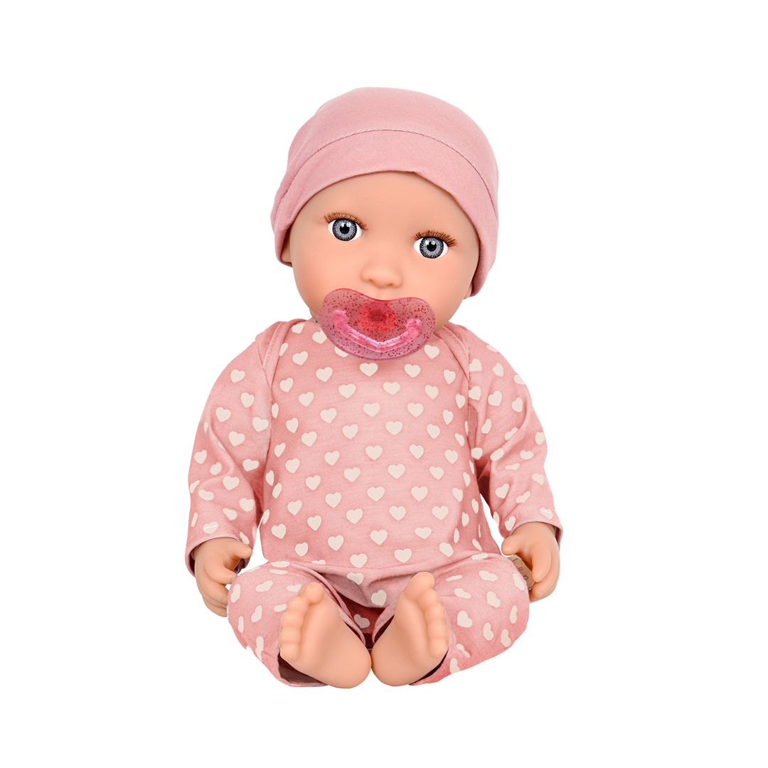 Baby Doll with Pink Heart Pyjama - Baby Doll with Pink Dummy & Hat - Baby Doll with Blue Eyes - LullaBaby