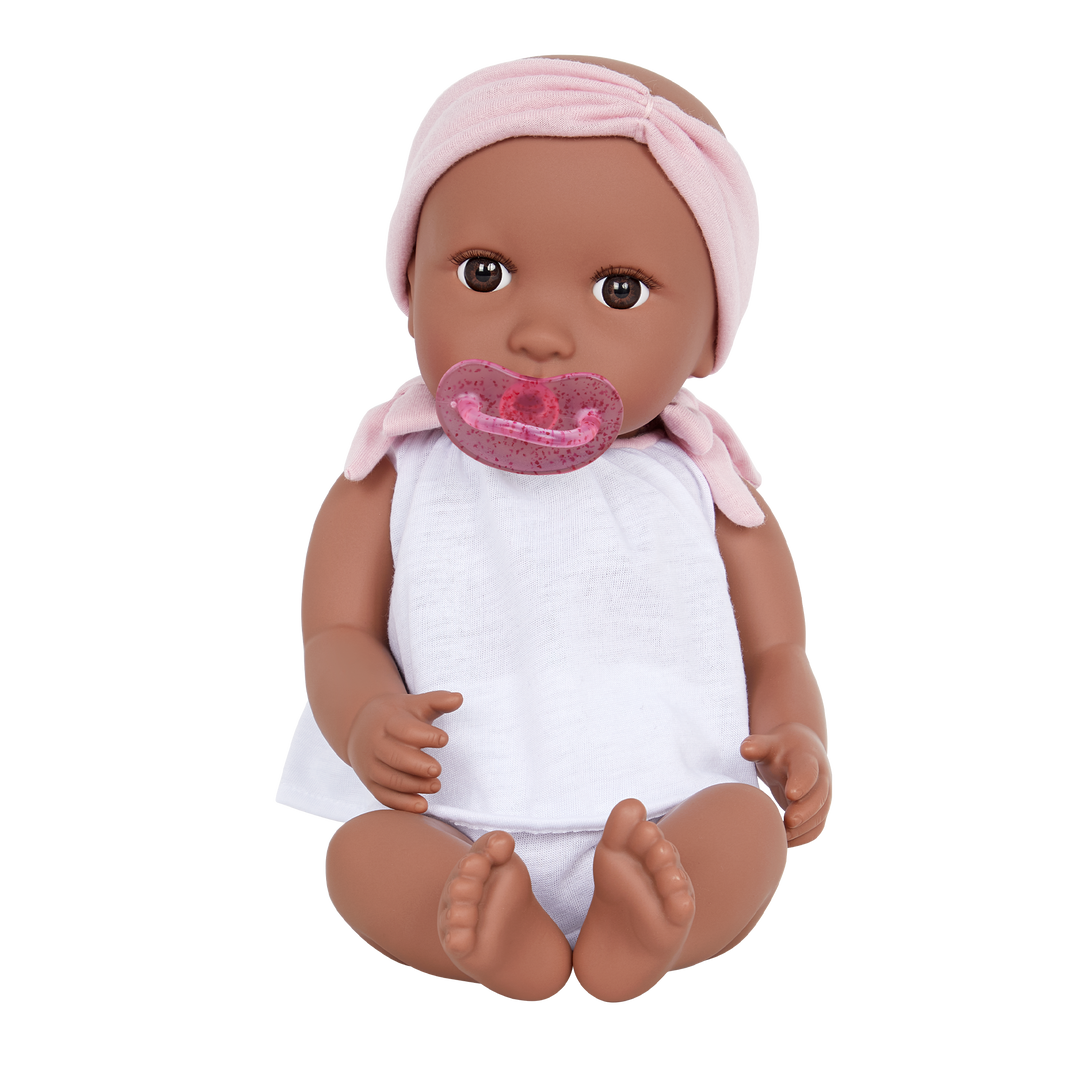 Baby Doll with Outfit & Pink Headband - Doll with Dark Skin & Brown Eyes - Gift Ideas for Kids - LullaBaby