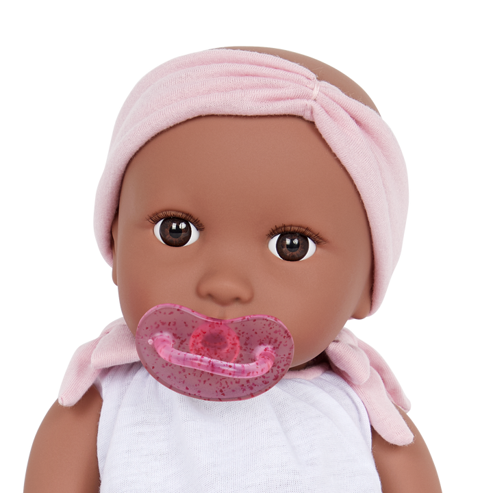 Baby Doll with Outfit & Pink Headband - Doll with Dark Skin & Brown Eyes - Gift Ideas for Kids - LullaBaby