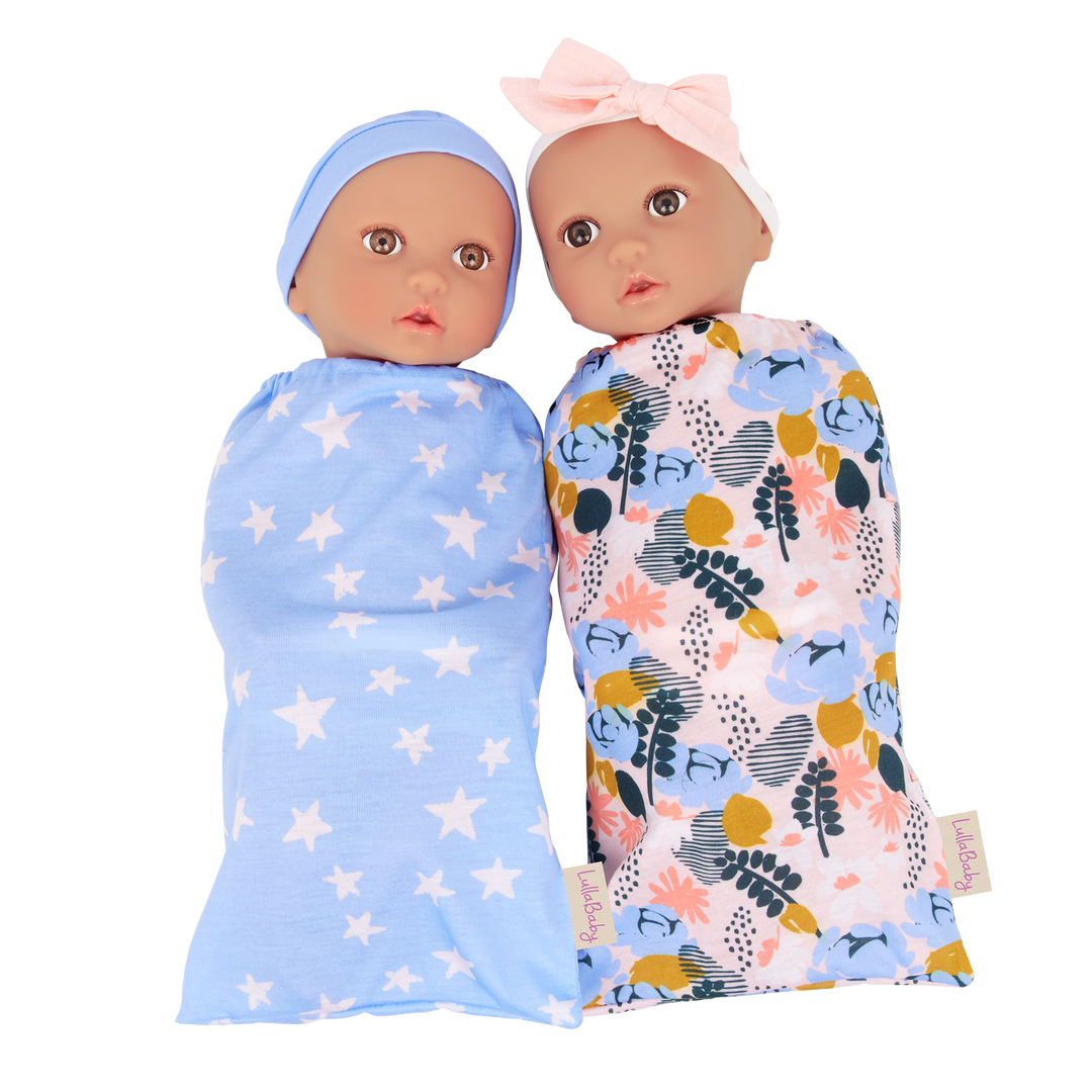 Twin Baby Dolls & Sleep Sack - One Baby Boy Doll with Brown Eyes & One Baby Girl with Brown Eyes - LullaBaby