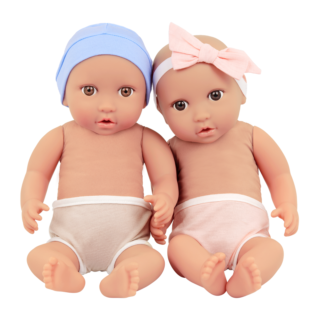 Twin Baby Dolls & Sleep Sack - One Baby Boy Doll with Brown Eyes & One Baby Girl with Brown Eyes - LullaBaby