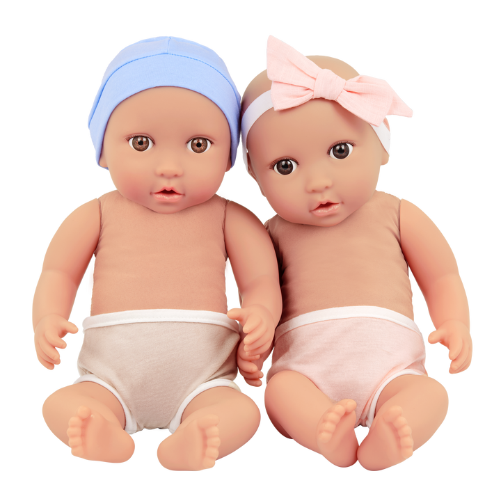 Twin Baby Dolls & Sleep Sack - One Baby Boy Doll with Brown Eyes & One Baby Girl with Brown Eyes - LullaBaby