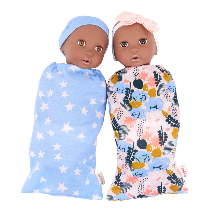 Twin Baby Dolls & Sleep Sacks - Baby Dolls with Dark Skin Tone & Brown Eyes - One Baby Boll Doll & One Baby Girl Doll - LullaBaby UK