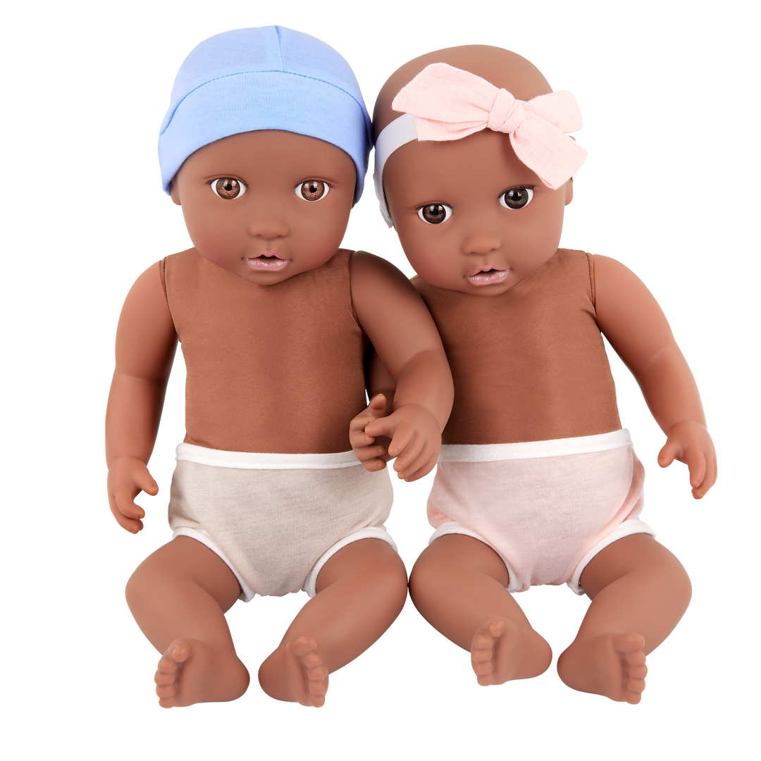 Twin Baby Dolls & Sleep Sacks - Baby Dolls with Dark Skin Tone & Brown Eyes - One Baby Boll Doll & One Baby Girl Doll - LullaBaby UK