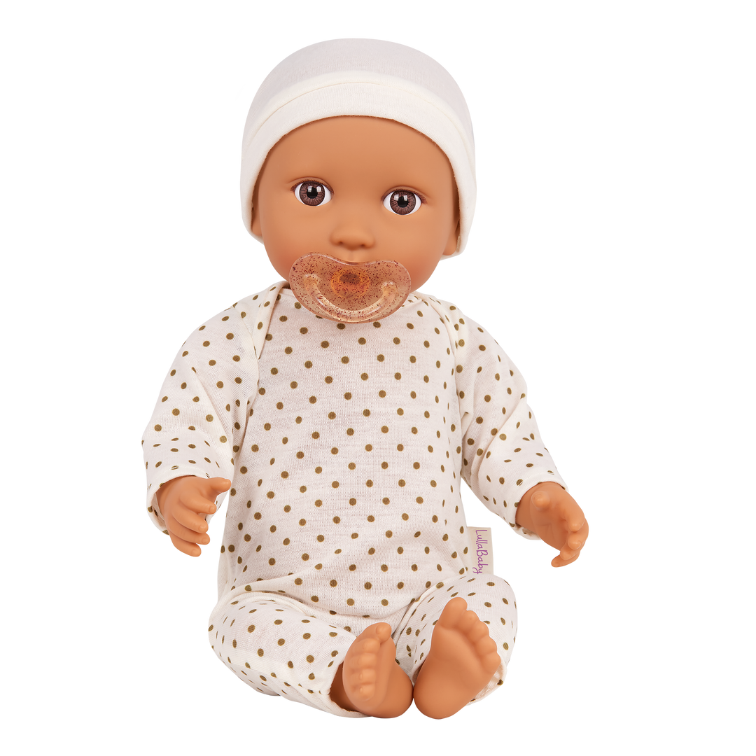 Baby Doll with Ivory Polka Dot Pyjama - Doll with Medium Skin Tone, Brown Eyes - Gifts for Toddlers - LullaBaby UK