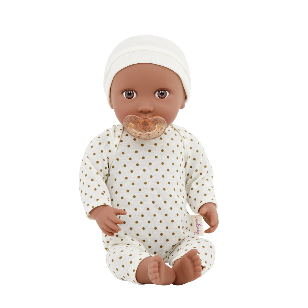 Baby Doll with Ivory Polka Dot Pyjama Set - Baby Doll with Dark Skin Tone & Brown Eyes - Toys & Gifts for Toddlers - LullaBaby UK