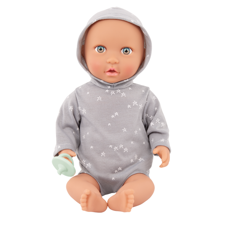 Baby Boy Doll - Grey Onesie with Stars Jumper - Baby Doll with Multi-Coloured Eyes - Medium Skin Tone - LullaBaby