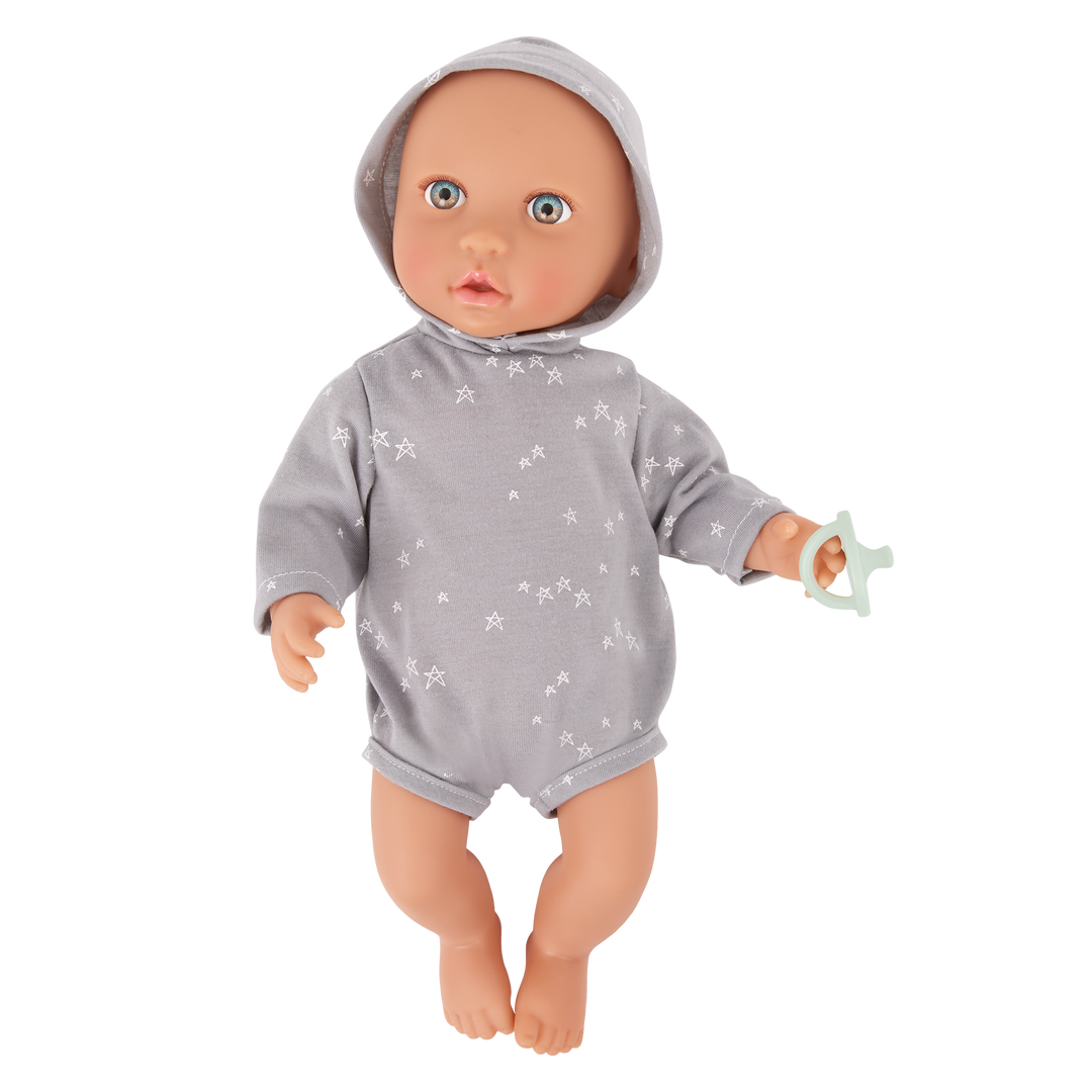 Baby Boy Doll - Grey Onesie with Stars Jumper - Baby Doll with Multi-Coloured Eyes - Medium Skin Tone - LullaBaby