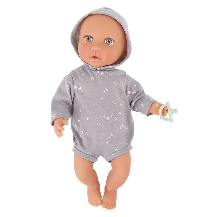 Baby Boy Doll - Grey Onesie with Stars Jumper - Baby Doll with Multi-Coloured Eyes - Medium Skin Tone - LullaBaby