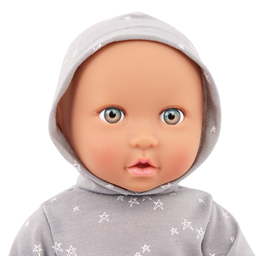 Baby Boy Doll - Grey Onesie with Stars Jumper - Baby Doll with Multi-Coloured Eyes - Medium Skin Tone - LullaBaby