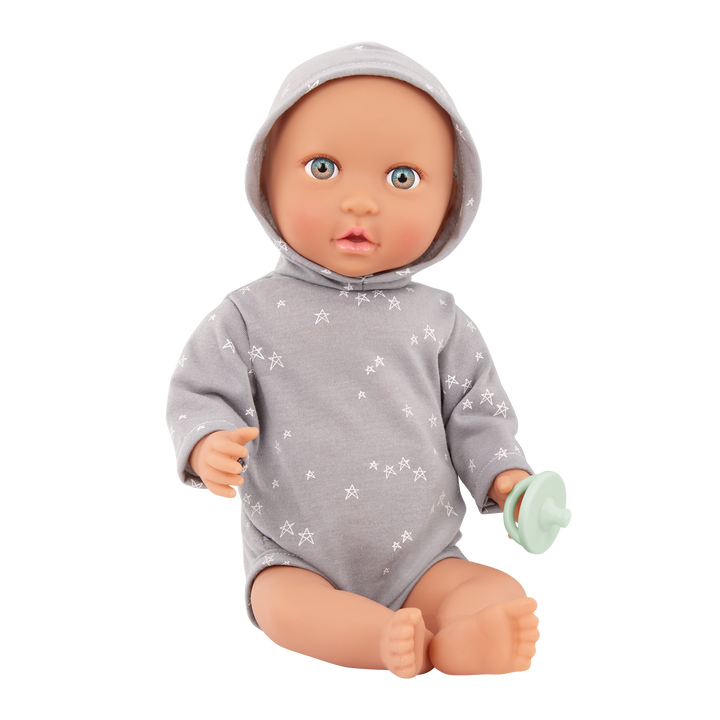 Baby Boy Doll - Grey Onesie with Stars Jumper - Baby Doll with Multi-Coloured Eyes - Medium Skin Tone - LullaBaby