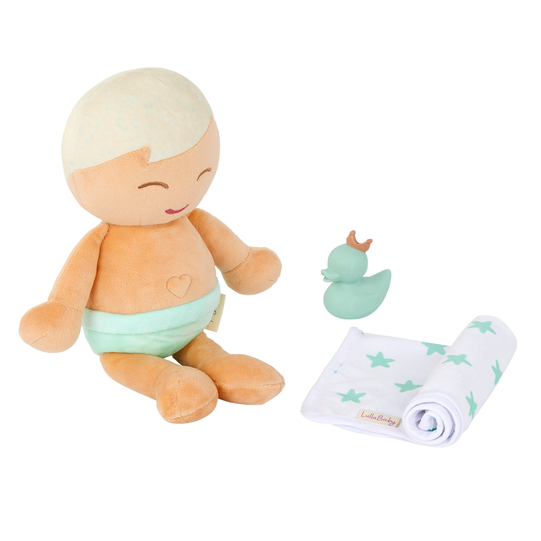 Baby Boy Bath Doll - 36cm Bathable Doll with Blonde Hair - Doll with Rubby Duck & Towel - Bath Toys for Kids - LullaBaby UK
