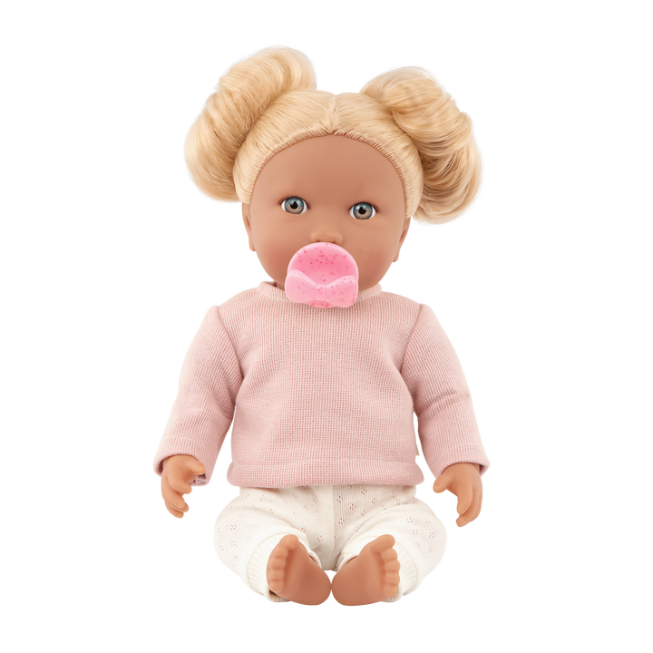 Baby Doll with Wavy Blonde Hair - Baby Doll with Hair - Baby Doll with Multi-Coloured Eyes - Top, Trousers & Pink Dummy - LullaBaby Dolls UK