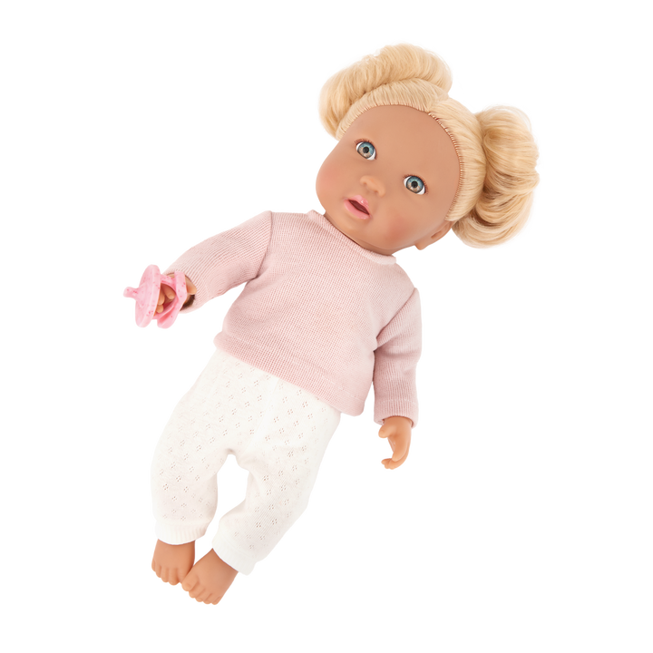 Baby Doll with Wavy Blonde Hair - Baby Doll with Hair - Baby Doll with Multi-Coloured Eyes - Top, Trousers & Pink Dummy - LullaBaby Dolls UK