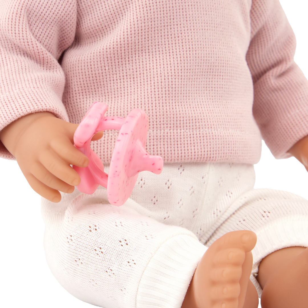 Baby Doll with Wavy Blonde Hair - Baby Doll with Hair - Baby Doll with Multi-Coloured Eyes - Top, Trousers & Pink Dummy - LullaBaby Dolls UK