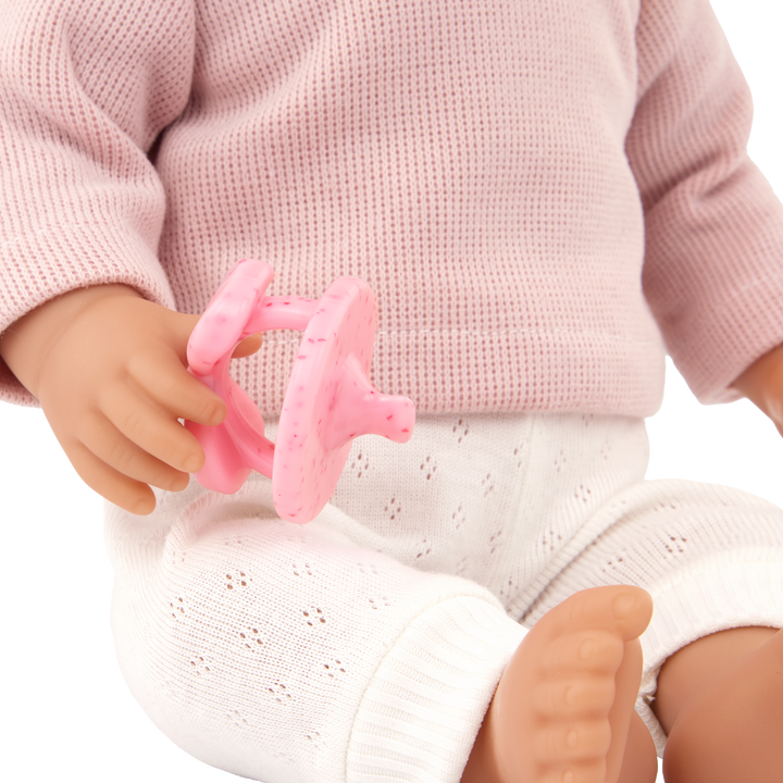 Baby Doll with Wavy Blonde Hair - Baby Doll with Hair - Baby Doll with Multi-Coloured Eyes - Top, Trousers & Pink Dummy - LullaBaby Dolls UK