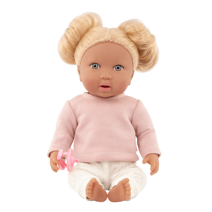 Baby Doll with Wavy Blonde Hair - Baby Doll with Hair - Baby Doll with Multi-Coloured Eyes - Top, Trousers & Pink Dummy - LullaBaby Dolls UK