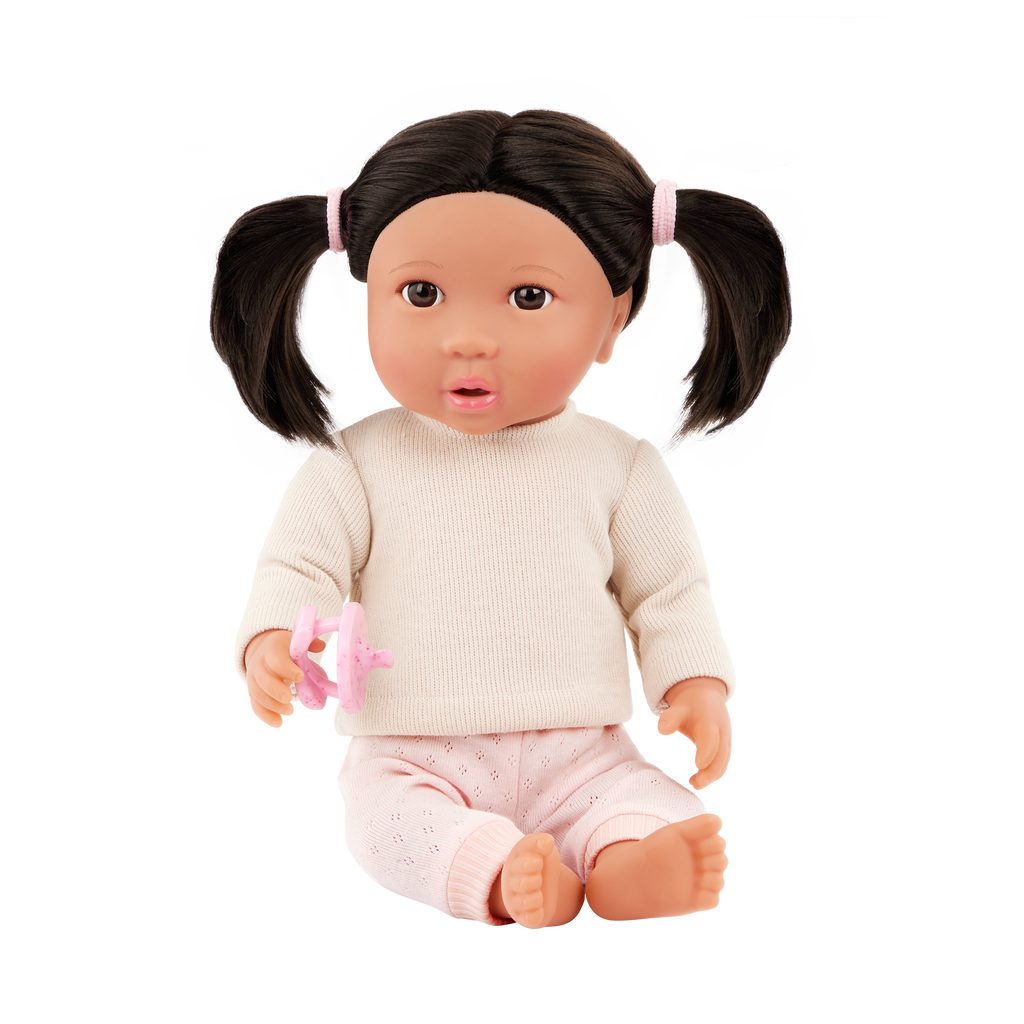 Doll with Brown Hair - 36cm Baby Doll with Pink Dummy - Toys & Gifts for Kids Ages 2 Years + - LullaBaby Dolls