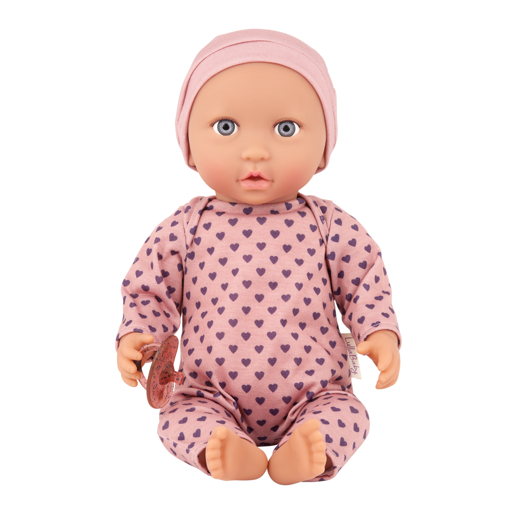 Baby Doll in Lilac Hearts Pyjama - 36cm Baby Doll with Blue Eyes - Gifts for Kids Ages 2 Years + - LullaBaby