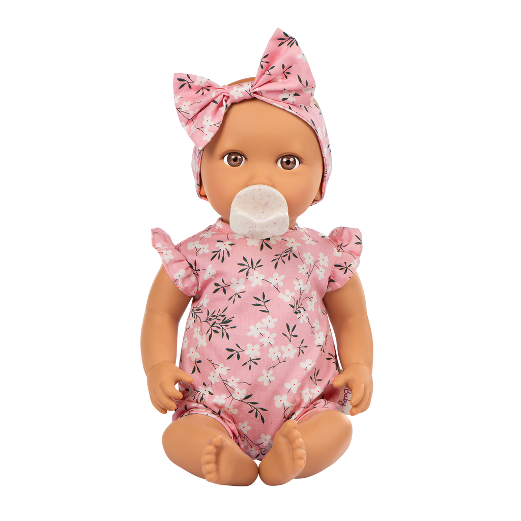 Baby Doll in Floral Outfit - 36cm Baby Doll with Brown Eyes & Dummy Accessory - Toys for Kids Ages 2 Years + - LullaBaby UK
