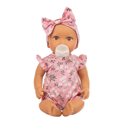 Baby Doll in Floral Outfit - 36cm Baby Doll with Brown Eyes & Dummy Accessory - Toys for Kids Ages 2 Years + - LullaBaby UK