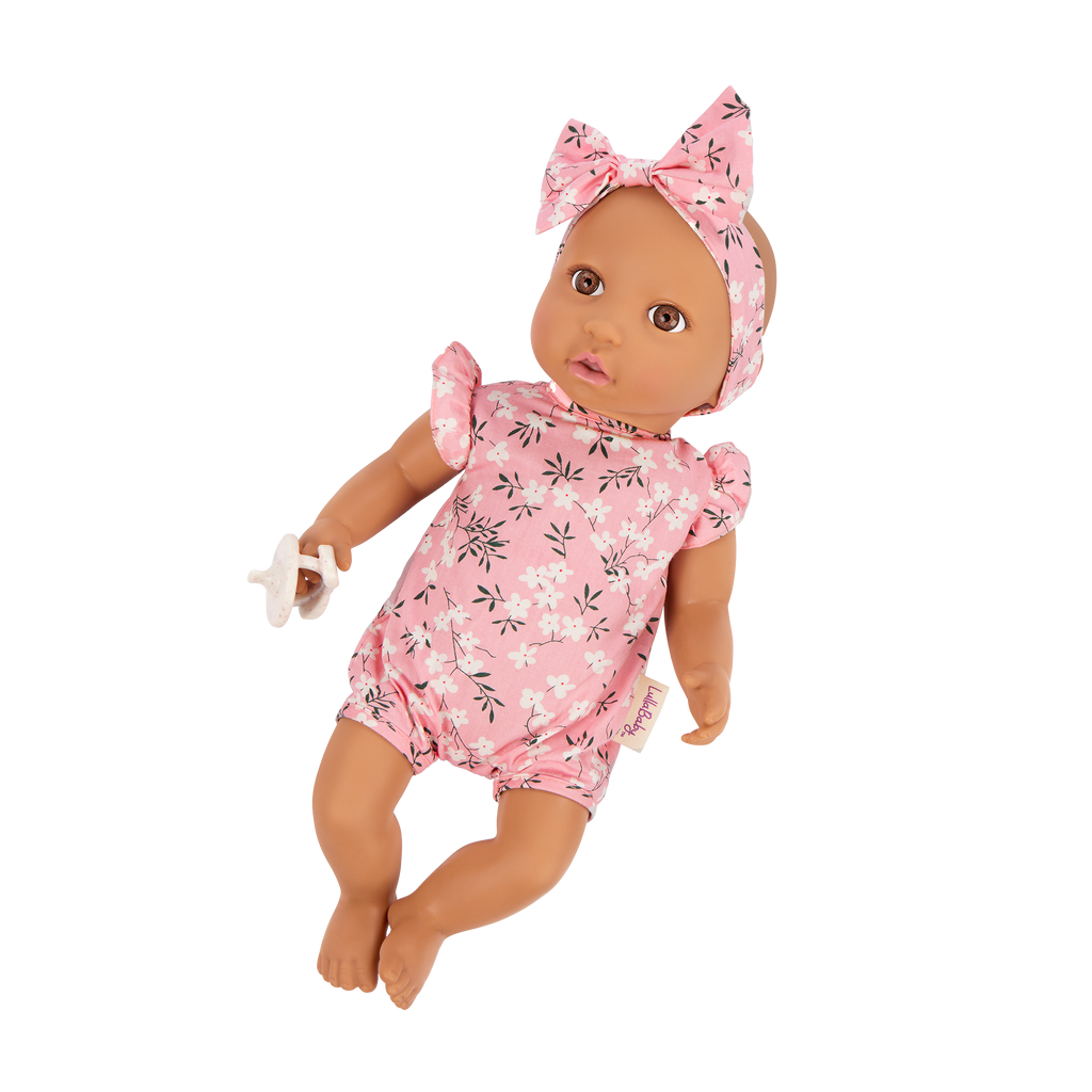 Baby Doll in Floral Outfit - 36cm Baby Doll with Brown Eyes & Dummy Accessory - Toys for Kids Ages 2 Years + - LullaBaby UK
