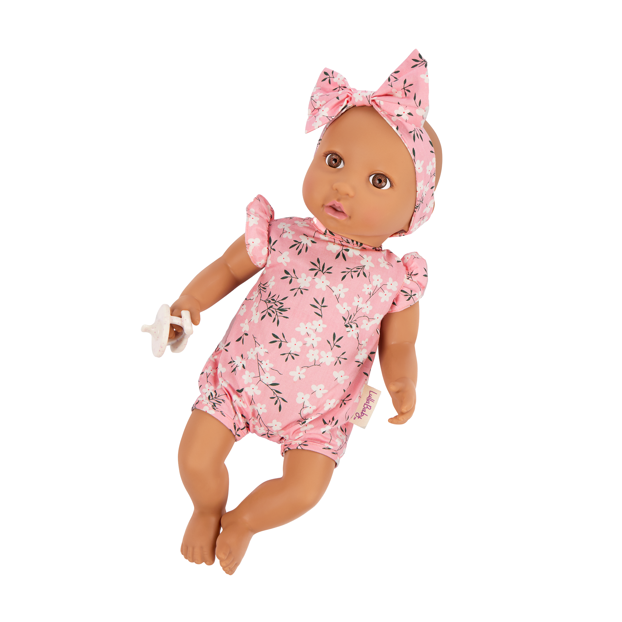 Baby Doll in Floral Outfit - 36cm Baby Doll with Brown Eyes & Dummy Accessory - Toys for Kids Ages 2 Years + - LullaBaby UK