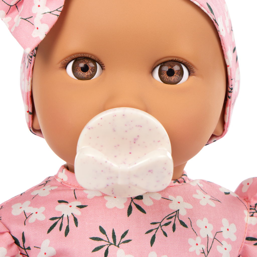 Baby Doll in Floral Outfit - 36cm Baby Doll with Brown Eyes & Dummy Accessory - Toys for Kids Ages 2 Years + - LullaBaby UK