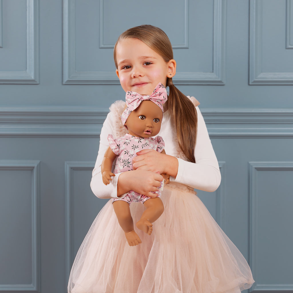 Baby Doll in Floral Outfit - 36cm Baby Doll with Brown Eyes & Dummy Accessory - Toys for Kids Ages 2 Years + - LullaBaby UK