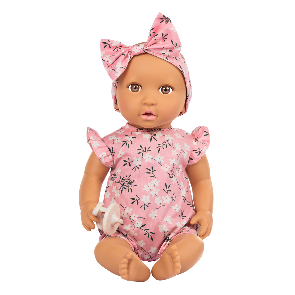 Baby Doll in Floral Outfit - 36cm Baby Doll with Brown Eyes & Dummy Accessory - Toys for Kids Ages 2 Years + - LullaBaby UK