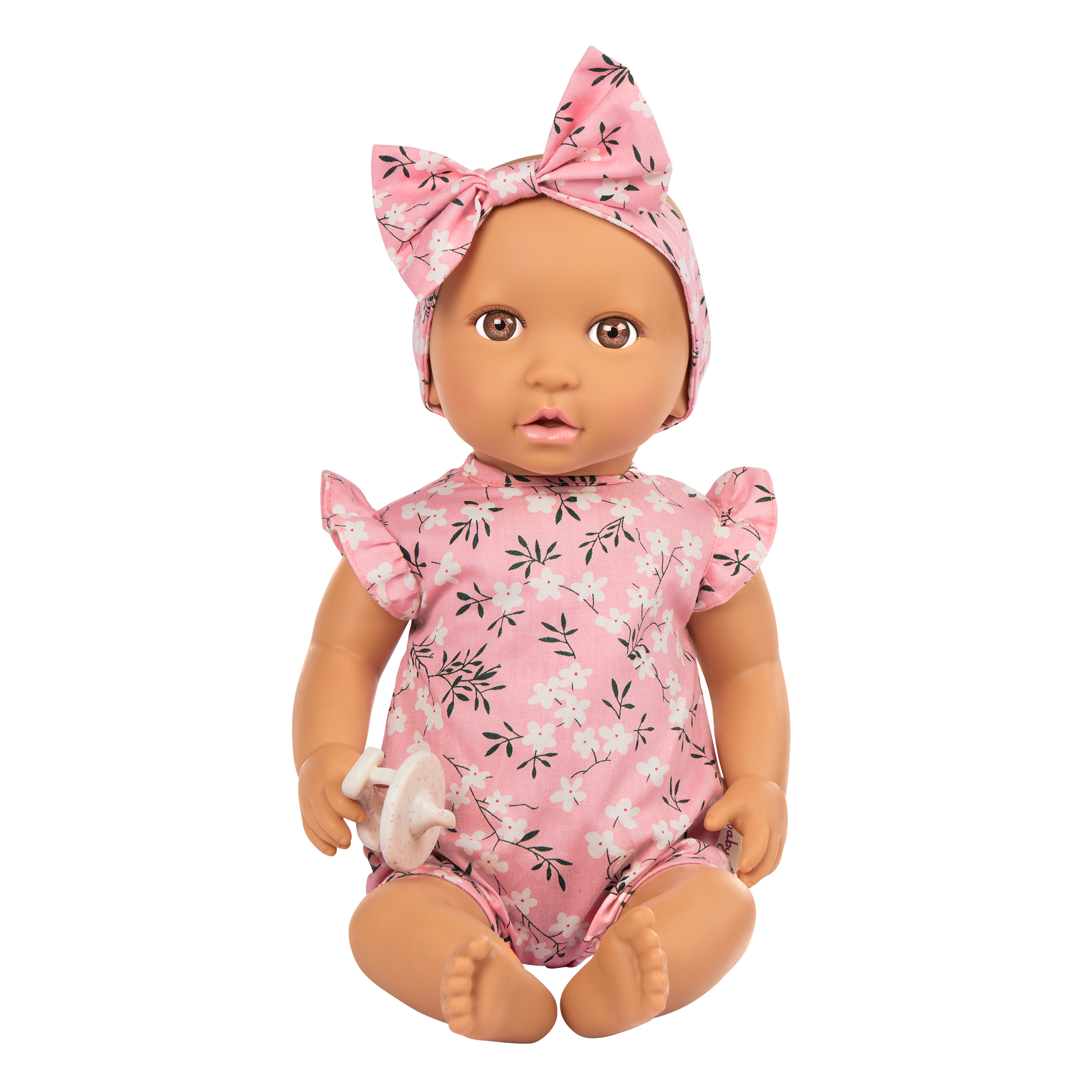 Baby Doll in Floral Outfit - 36cm Baby Doll with Brown Eyes & Dummy Accessory - Toys for Kids Ages 2 Years + - LullaBaby UK