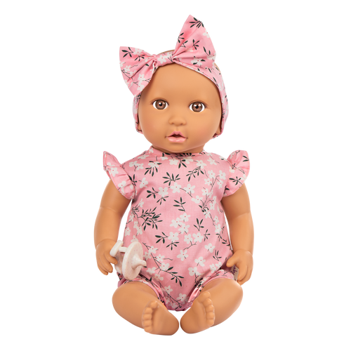 Baby Doll in Floral Outfit - 36cm Baby Doll with Brown Eyes & Dummy Accessory - Toys for Kids Ages 2 Years + - LullaBaby UK