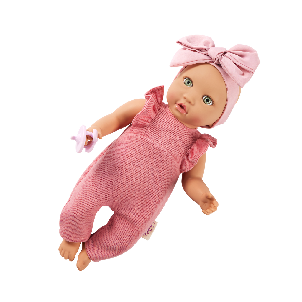 Baby Doll in Pink Romper - 36cm Baby Doll with Dummy - Pink Headband - Gift Ideas for Ages 2 Years + - LullaBaby Dolls