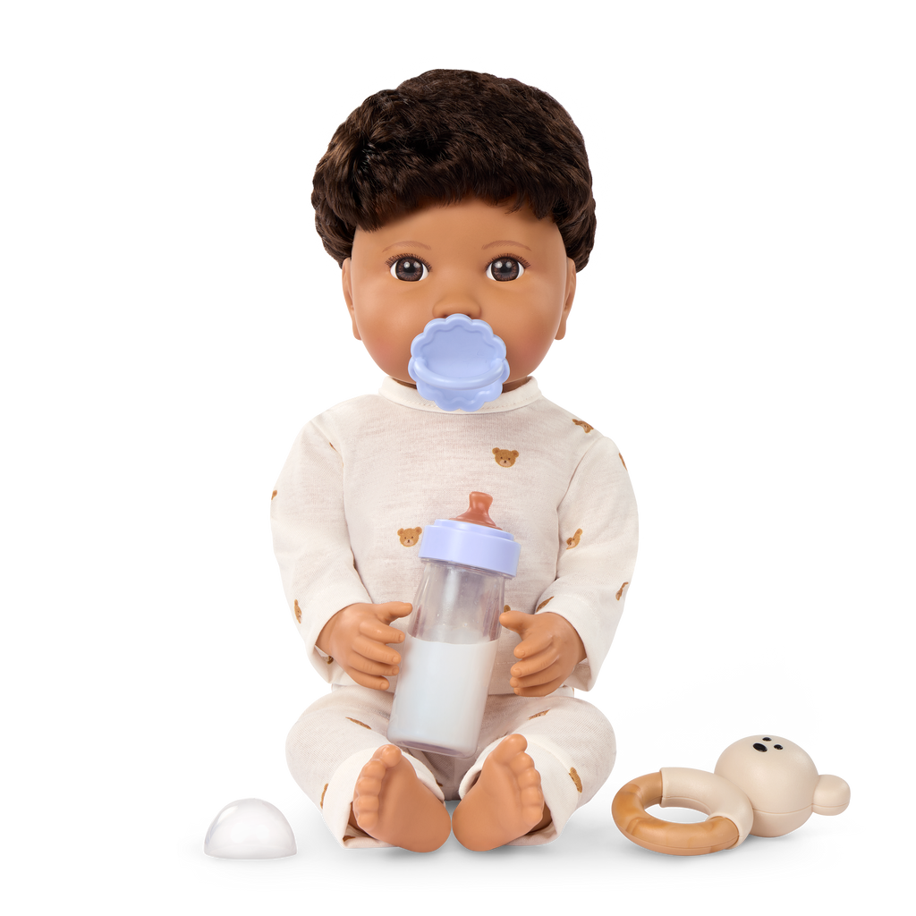 Boy Baby Doll & Bottle Set - Boy Doll with Brown Hair & Eyes - Bottle with Disappearing Milk - Toys for Kids Ages 2 Years + - LullaBaby Dolls UK
