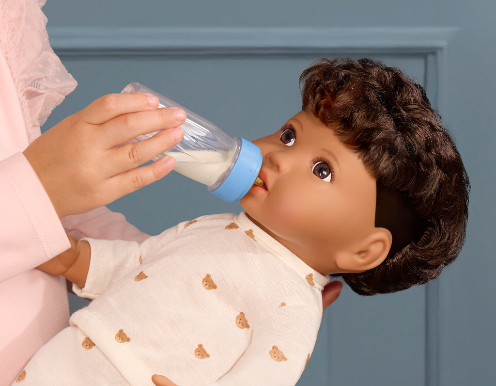 Boy Baby Doll & Bottle Set - Boy Doll with Brown Hair & Eyes - Bottle with Disappearing Milk - Toys for Kids Ages 2 Years + - LullaBaby Dolls UK